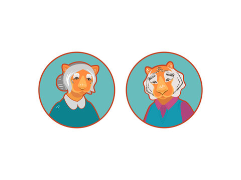 Vector cute old tiger and tigress characters