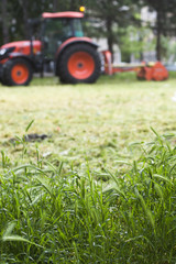 Tractor with lawn mowing grass in a Public Park