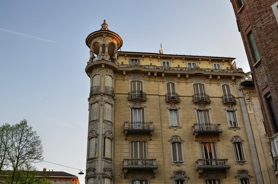 Turin, Italy, Piedmont 21 April 2018. Art Nouveau houses in Turin: Palazzo del Faro Via Palmieri corner via Duchessa Jolanda - Neo-Gothic-Liberty style, by Giovanni Battista Carrera, year 1912.