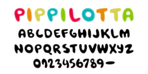 Pippilotta. Hand written display color font Kid style. ABC. Stitched, patched, Decorative funny colored Vector alphabet