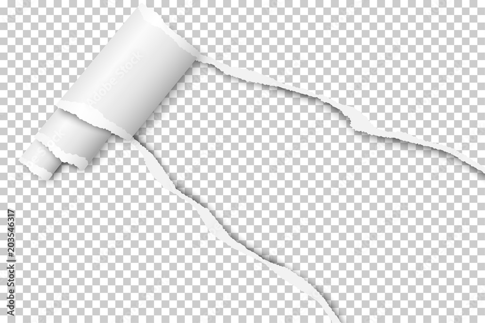 Wall mural diagonally snatched middle of transparent paper with torn edges and soft shadow. vector template pap