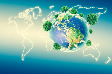 Ecological concept of the environment with the cultivation of trees . Planet Earth. Physical globe of the earth. Elements of this image furnished by NASA. 3D illustration