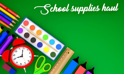 3d rendering school supplies goods back to school on a white background in geometric order from above isolated