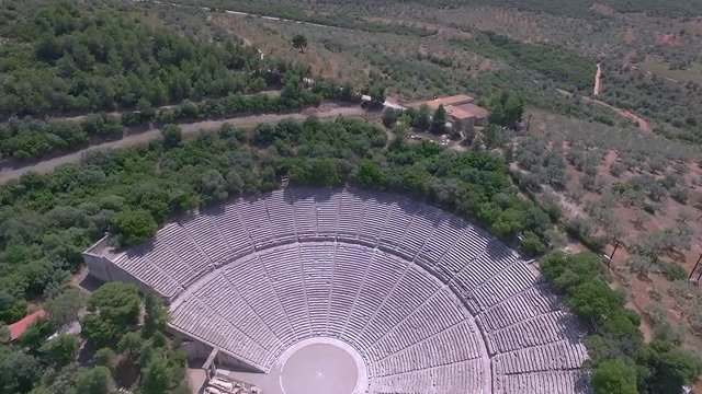 Aerial drone bird's eye view of ancient theater Epidaurus or Epidavros