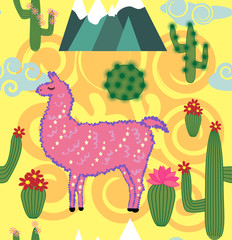 Vector Illustration of seamless pattern with cute cartoon llama alpaca with cactus and design elements on pink background in flat cartoon style.