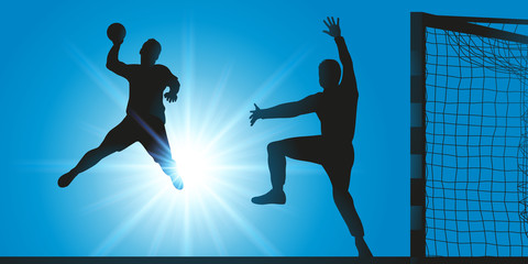handball - hand - handballeur - tir - but - marquer - ballon - sport - sportif - équipe - terrain - obrazy, fototapety, plakaty