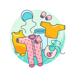 Garments for infant kids. Illustration of baby clothes in flat style isolated on white background.