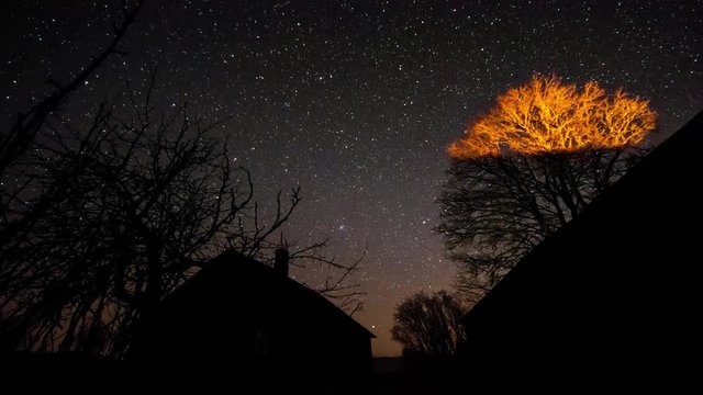 Timelapse of stars over timber house at night. 