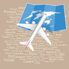 travel sign background with airplane and map