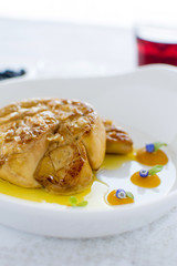 Fried Goose Liver with Apple Sauce on White Plate. Foie Gras Fine Food.