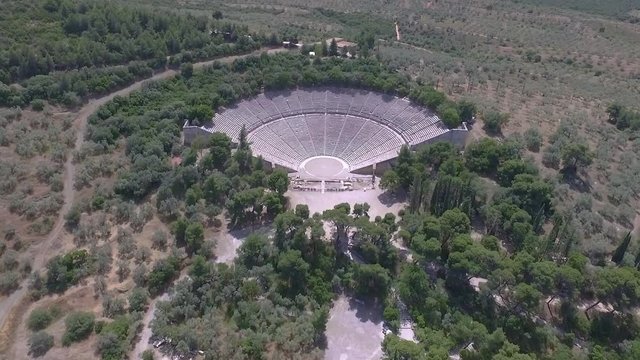 Aerial drone bird's eye view of ancient theater Epidaurus or Epidavros
