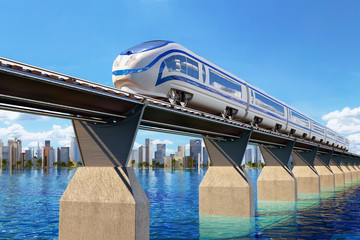 Railway transport concept, high speed modern train on the railroad bridge through the water landscape and the city on the horizon