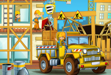cartoon scene with men working doing industrial jobs - illustration for children