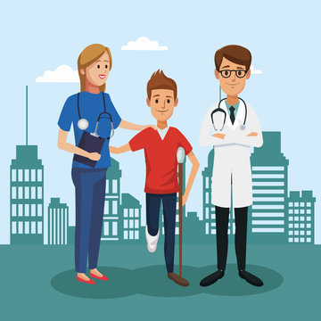 Boy with crutches and doctor outside hospital vector illustration graphic design