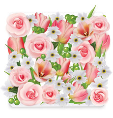 Floral background with roses, anemones, tulips, green berries. Vector illustration