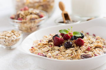 Muesli With Milk, Chia Seeds, Berries and Cinnamon with Freshly Squeezed Orange Juice