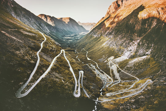 Trollstigen road in Norway sunset mountains serpentine scandinavian trip travel landmarks aerial view