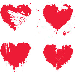 Vector set of red graphic abstract heart icons with ink blots, brush strokes, drops. Bloody hearts with spots and splashes on white background
