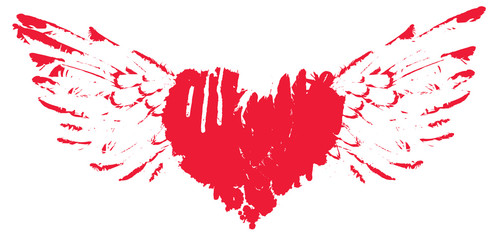 Vector red graphic abstract illustration of flying heart with wings with ink blots, drops. Bloody heart and wings with spots and splashes isolated on white background
