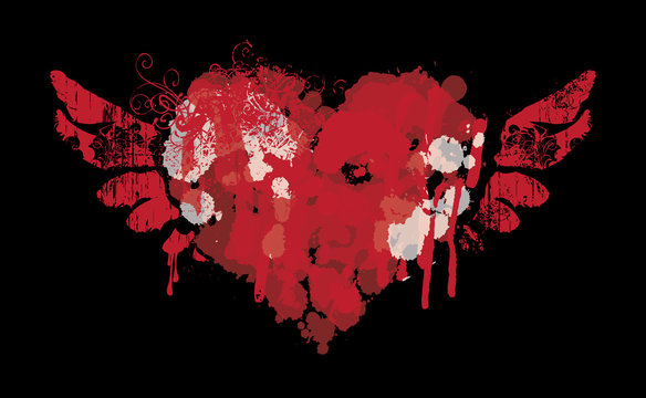 Vector red graphic abstract illustration of flying heart with wings with ink blots, brush strokes, drops. Bloody heart and wings with spots and splashes on black background. T-shirt design template