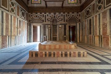 Front view of Mausoleum of Sultan Al Zahir Barquq at the Barquq complex located at al Muiz Street,...