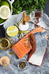 Fresh Raw Salmon Fillet and Ingredients for Cooking. Healthy Food.