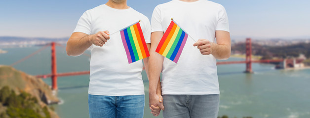 gay pride, lgbt and homosexual concept - close up of happy male couple with rainbow flags in white t-shirts holding hands over golden gate bridge in san francisco bay background
