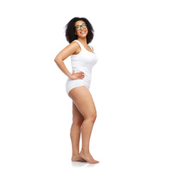 body positive and people concept - happy african american woman in white underwear