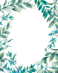 Watercolor frame design with various green plants isolated on white background. Hand drawn natural card with branches, leaves and berries. Oval wreath