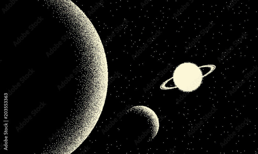 Poster space landscape with scenic view on planet and stars made with retro dotwork style