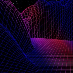 Landscape with wireframe grid of 80s styled retro computer game or science background 3d structure with mountains