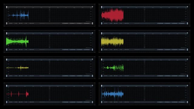 Multi-panel visual display: audio waveforms, readouts, indicators. Reversible seamless loop. 