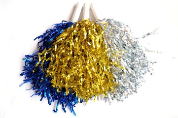 Blue, gold and silver pompoms on white isolated use for sport cheer background - obrazy, fototapety, plakaty