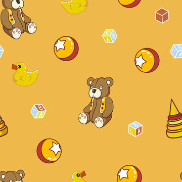 Colorful toys pattern with teddy bears, balls, ring stakers, toy blocks and rubber duck.