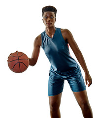 Obraz premium one african Basketball players woman teenager girl isolated on white background with shadows