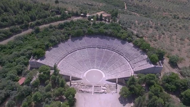 Aerial drone bird's eye view of ancient theater Epidaurus or Epidavros