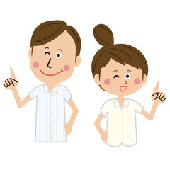ポップなビジネスマンとビジネスウーマン　半袖　クールビズ　指さし　