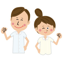 ポップなビジネスマンとビジネスウーマン　半袖　クールビズ　ガッツポーズ