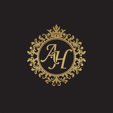 Initial letter AH, overlapping monogram logo, decorative ornament badge, elegant luxury golden color
