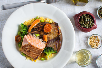 Salmon Fillets with Rice and Grilled Vegetables. Healthy Meal.