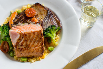 Salmon Fillets with Rice and Grilled Vegetables. Healthy Meal.