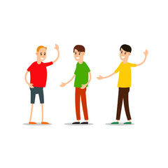 Fototapeta premium Young man standing and greet each other. Group of young people. Funny cartoon guy in various poses. Cartoon illustration isolated on white background in flat style
