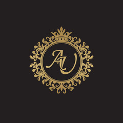 Initial letter AU, overlapping monogram logo, decorative ornament badge, elegant luxury golden color
