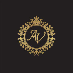 Initial letter AV, overlapping monogram logo, decorative ornament badge, elegant luxury golden color