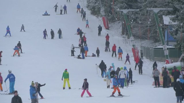 People skiing and riding chairlifts 