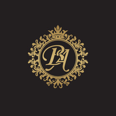 Initial letter BA, overlapping monogram logo, decorative ornament badge, elegant luxury golden color