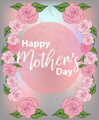 Mom's day greeting poster design. Happy Mother's Day. Vector card with hand writting lettering and spring flowers on pink background.