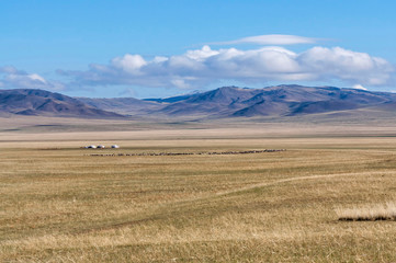 Obraz premium Yurts and sheep in the valley in front of the mountains.