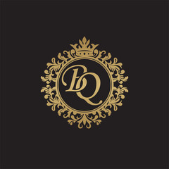 Initial letter BQ, overlapping monogram logo, decorative ornament badge, elegant luxury golden color