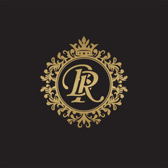 Initial letter BR, overlapping monogram logo, decorative ornament badge, elegant luxury golden color